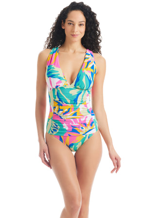 Floral Abstraction Plunge One Piece Swimsuit - Beyondcontrolswimwear