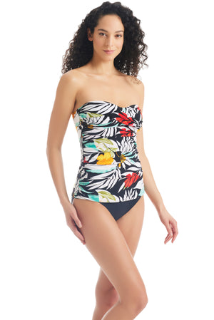 Graphic Tropical Bandeau Over The Shoulder Tankini Top - Beyondcontrolswimwear