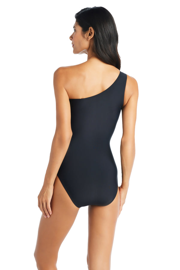 One-Shoulder Shaping Swimsuit with Mesh Details and Fabric Overlay